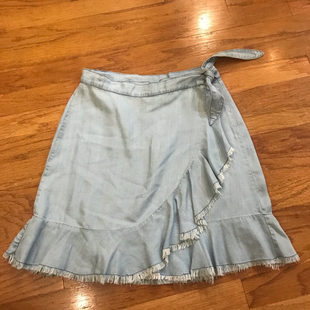 BB Dakota Fringe Hem Mini Chambray Wrap Skirt
